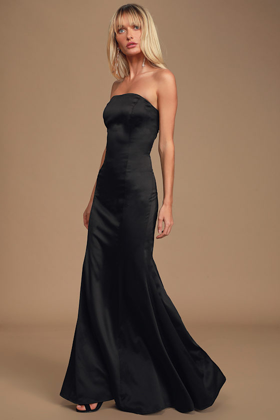 Hearts Run Wild Black Satin Strapless Maxi Dress 4