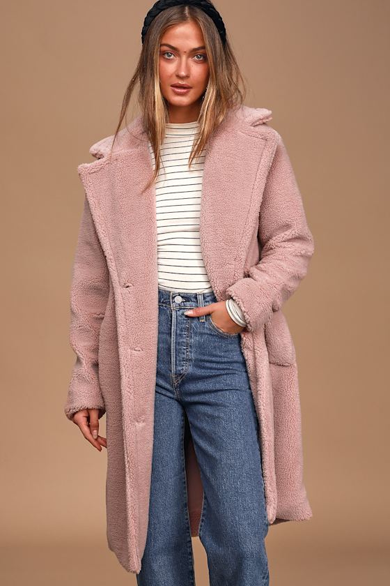 Rosebud Blush Pink Sherpa Long Coat 1