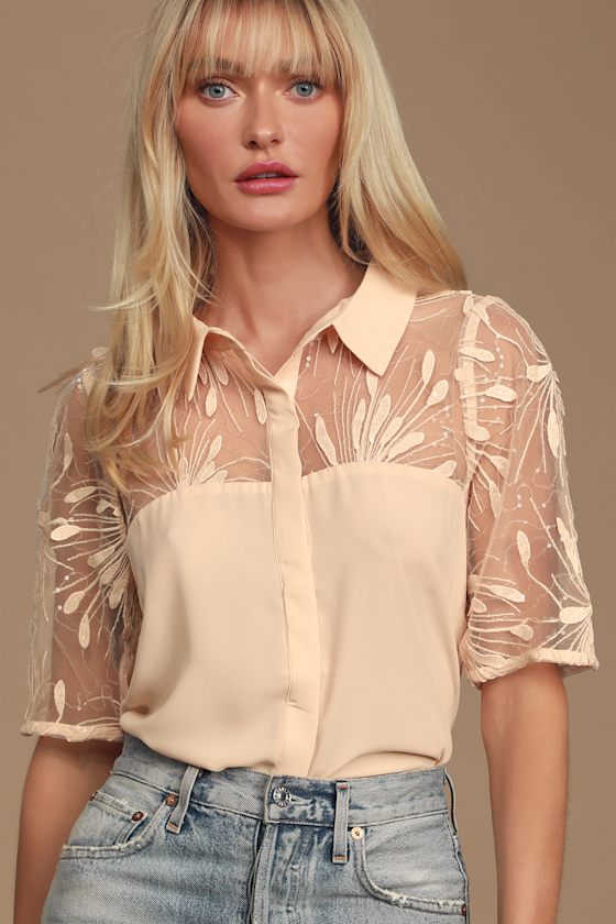 Fun Nude Top ButtonUp Top Short Sleeve Top Sequin Top Lulus