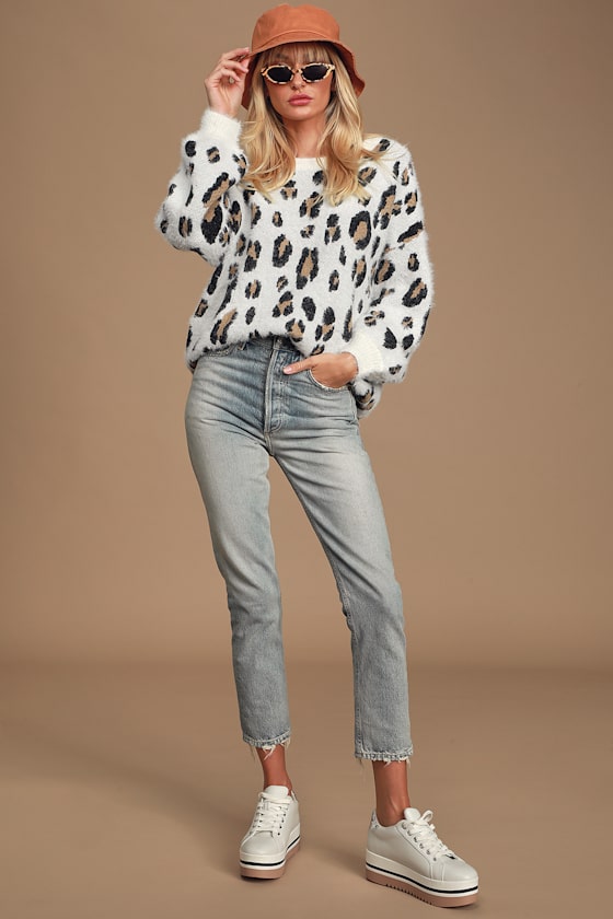 Free Spirited White Leopard Print Eyelash Knit Sweater 1