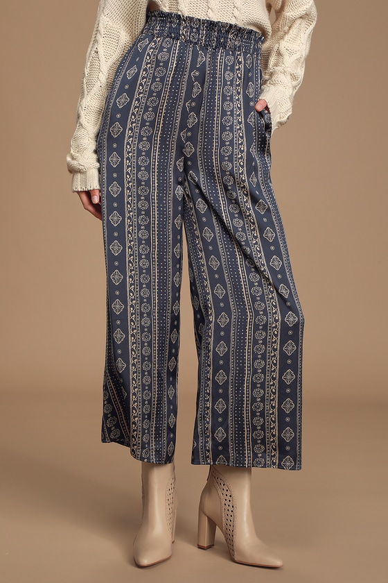 Take My Time Taupe and Navy Blue Print Satin Pants