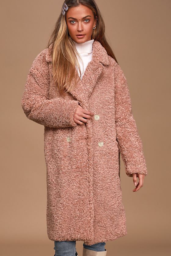 Mindful Miss Mauve Pink Faux Sherpa Midi Coat 2