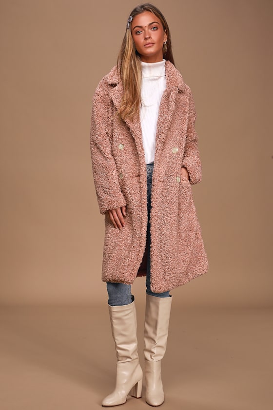 Mindful Miss Mauve Pink Faux Sherpa Midi Coat 1