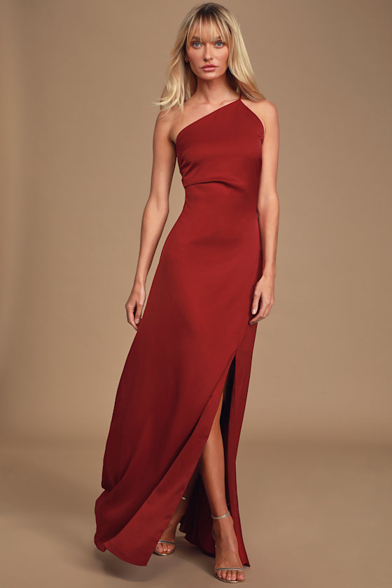 Captivating Red Satin One-Shoulder Maxi Slip Dress 1