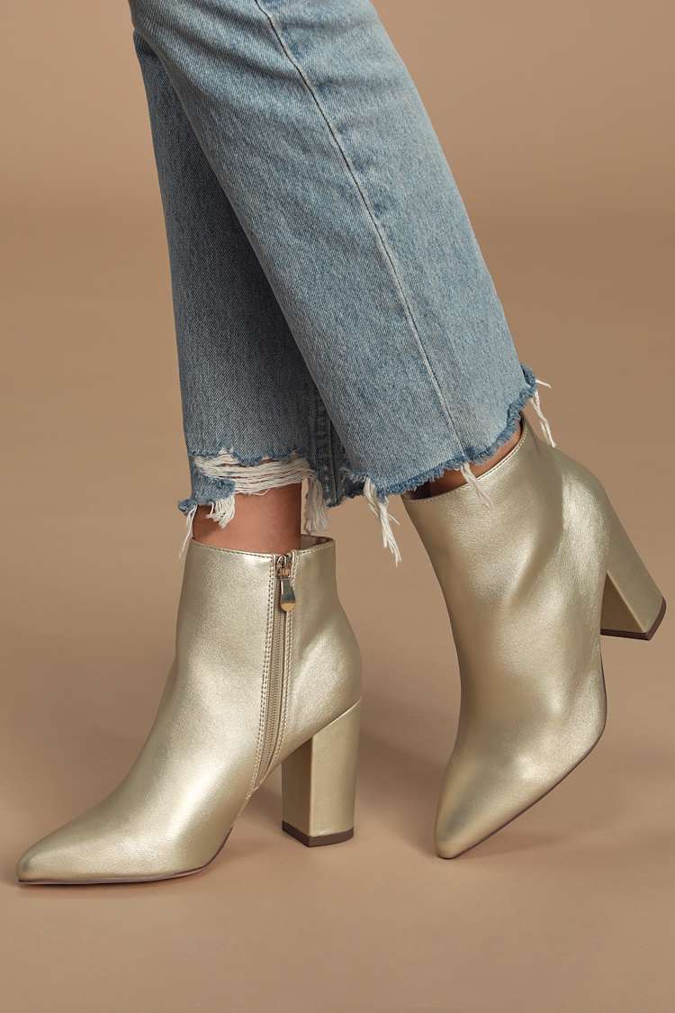 gold block heel ankle boots
