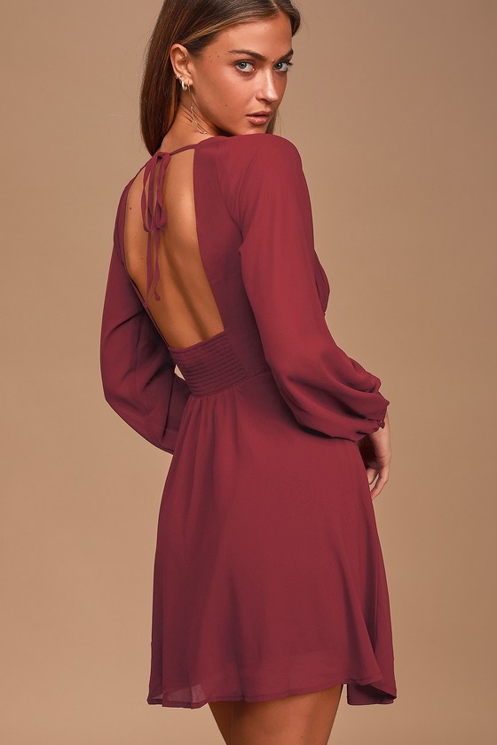 Cute Wine Red Dress - Long Sleeve Mini Dress - Long Sleeve Dress