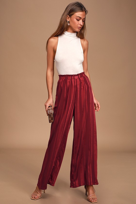 burgundy striped trousers