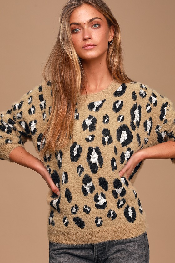 Cute Camel Sweater - Eyelash Knit Sweater - Leopard Print Sweater - Lulus