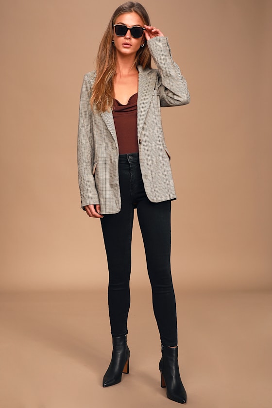 Leading Article Beige Multi Plaid Blazer 1