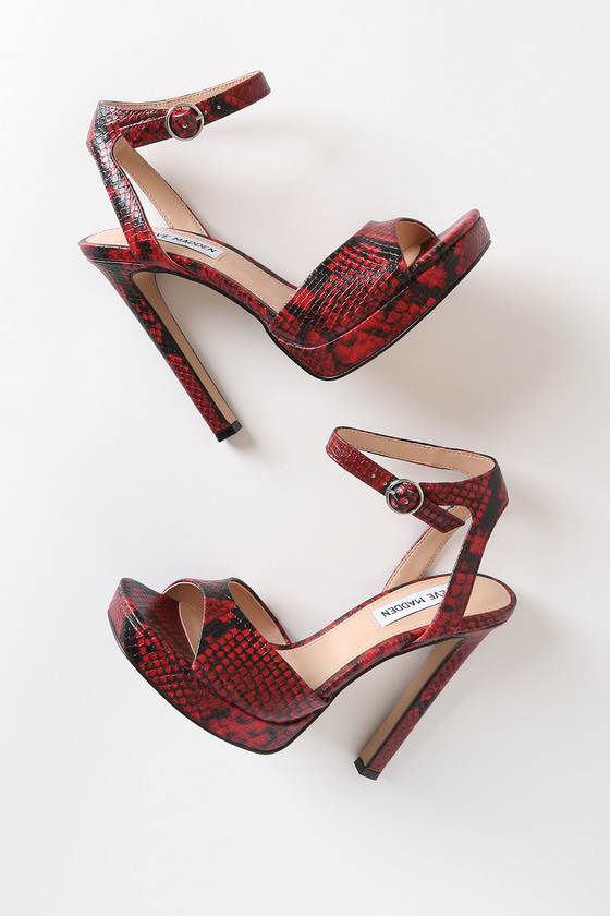 Luv Red Snake Platform Ankle Strap Heels