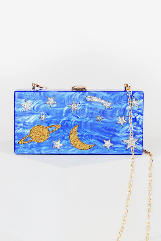 Starry Night Sky Blue and Gold Multi Glitter Acrylic Box Clutch 1