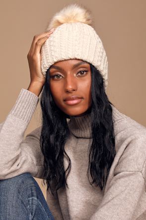 Cozy Cream Beanie - Knit Beanie - Faux Fur Pompom Beanie - Lulus display picture 2