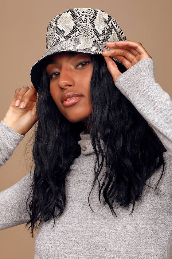 Hype Me Black Snake Print Vegan Leather Bucket Hat 1