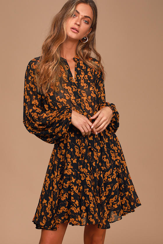 Sashay My Way Black and Orange Floral Print Skater Dress 2