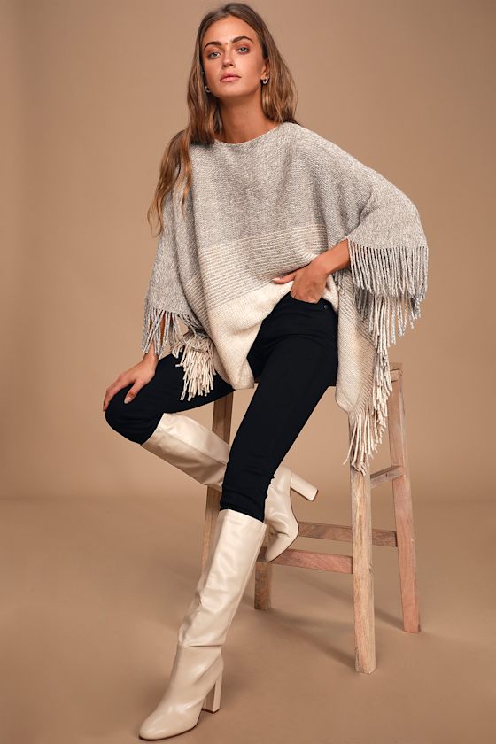Strathcona Grey Colorblock Fringe Poncho 6