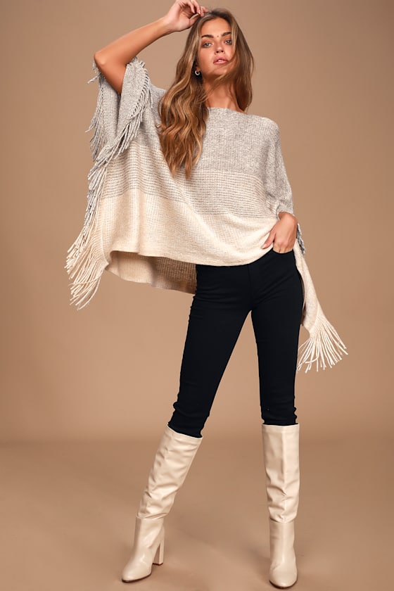 Strathcona Grey Colorblock Fringe Poncho 1