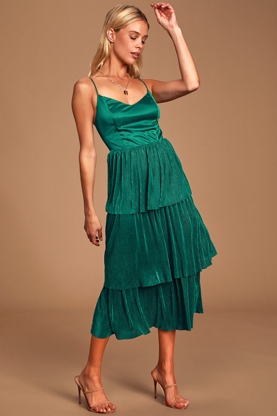 Captivating Story Emerald Green Pleated Satin Tiered Midi Dress 1