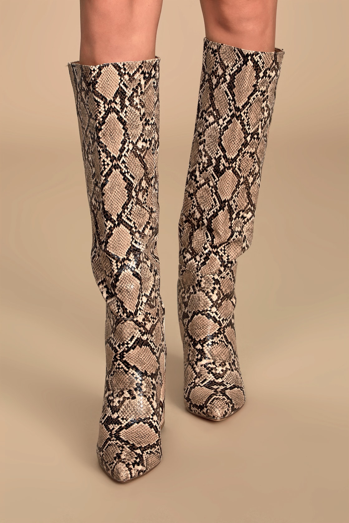 Katari Tan Snake Pointed-Toe Knee High Boots