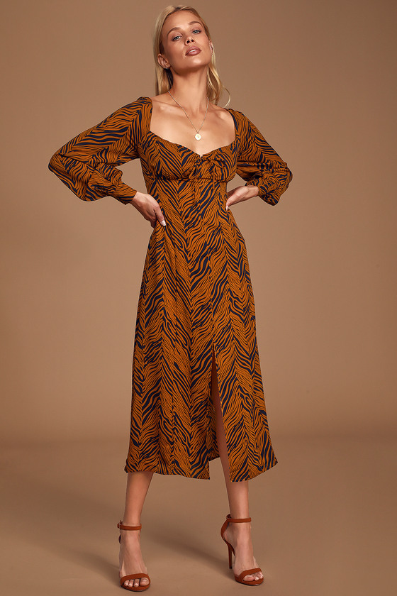 Living In Harmony Rust Orange Zebra Print Long Sleeve Midi Dress