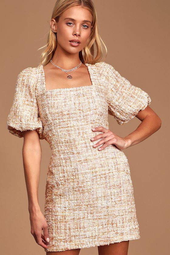 First Thought Pink Multi Tweed Puff Sleeve Bodycon Dress 2