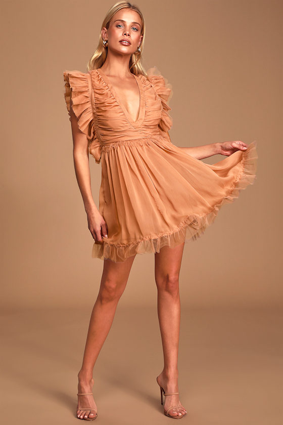 Porcelain Doll Blush Nude Ruffled Surplice Mini Dress 1