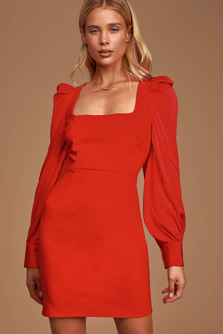 Longtime Crush Red Puff Shoulder Long Sleeve Mini Dress Longtime Crush Red Puff Shoulder Long Sleeve Mini Dress