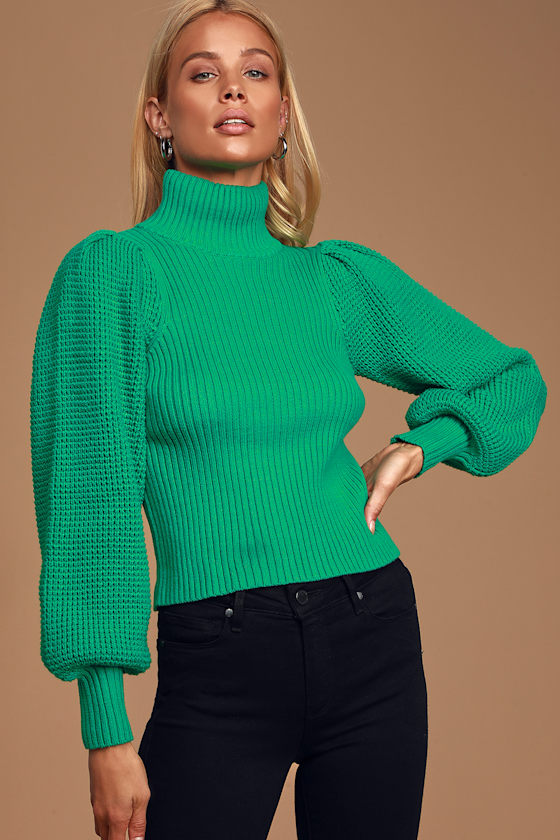 Statement Maker Green Ribbed Balloon Sleeve Turtleneck Sweater 3