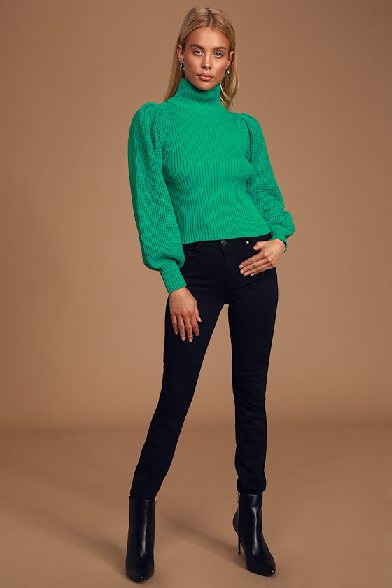 Statement Maker Green Ribbed Balloon Sleeve Turtleneck Sweater 2