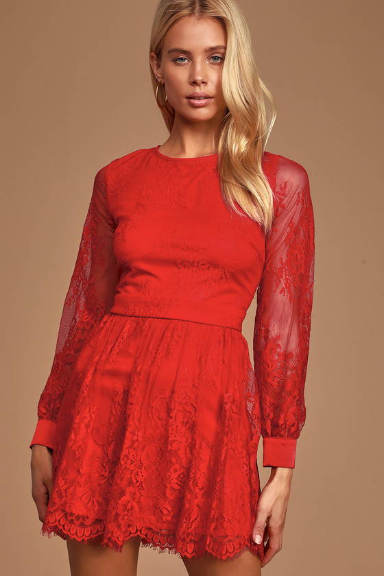 Red Lace Dress - Long Sleeve Dress - Chic Skater Dress - Lulus