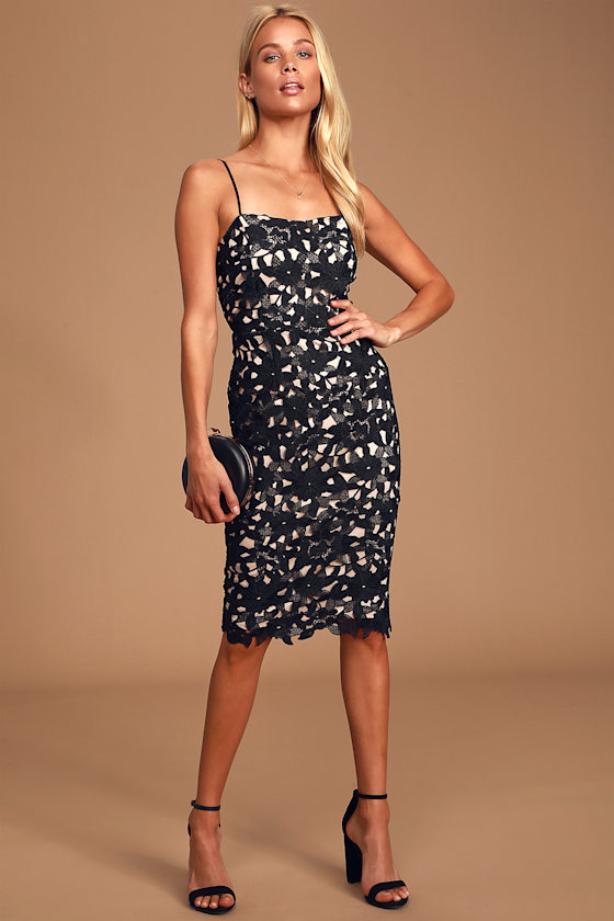 Looking Divine Black Crochet Lace Bodycon Midi Dress 1