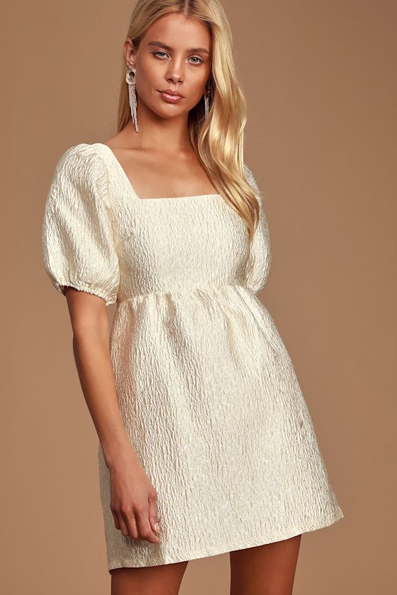 Dreamers Wish Cream Square Neck Puff Sleeve Babydoll Dress 2