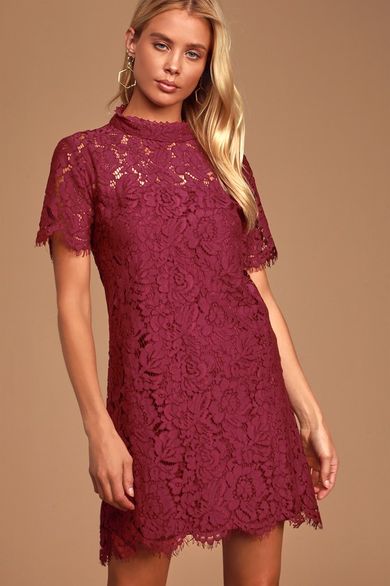 Cute Wine Red Lace Dress - Shift Dress - Short Sleeve Dress - Lulus