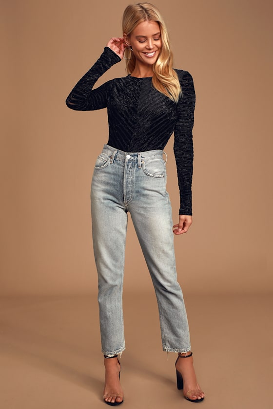 Save the Date Black Velvet Striped Long Sleeve Bodysuit 1