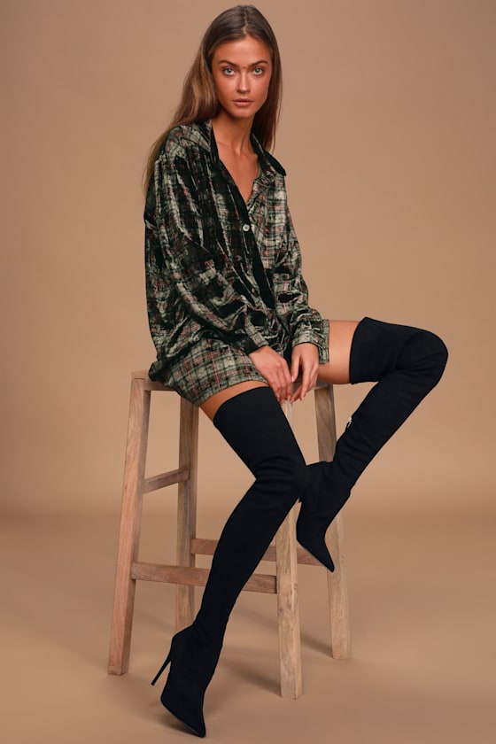 Dress Code Olive Green Plaid Velvet Button-Up Shirt Dress 6