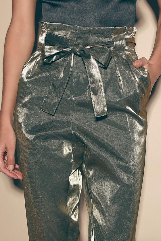 All I Want Olive Green Satin Paperbag Waist Pants 1