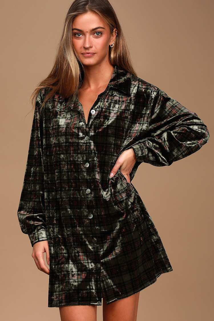Green Plaid Dress - Velvet Mini Dress - Button-Up Shirt Dress - Lulus