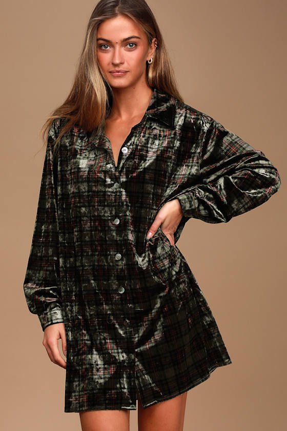 Dress Code Olive Green Plaid Velvet Button-Up Shirt Dress 2