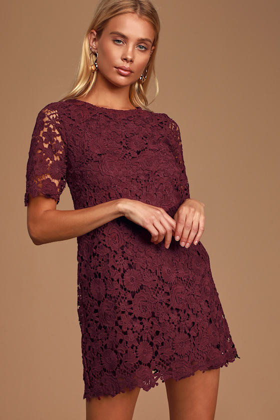 Complete Perfection Burgundy Lace Short Sleeve Mini Dress 1