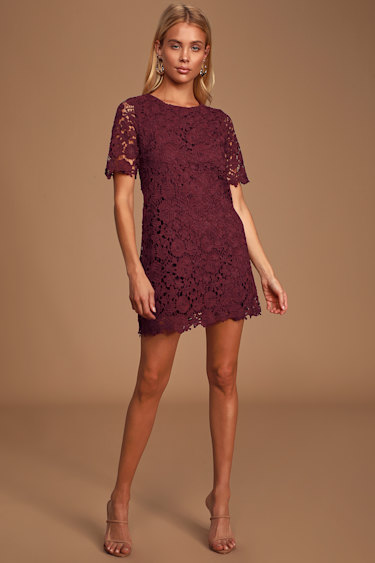 Complete Perfection Burgundy Lace Short Sleeve Mini Dress