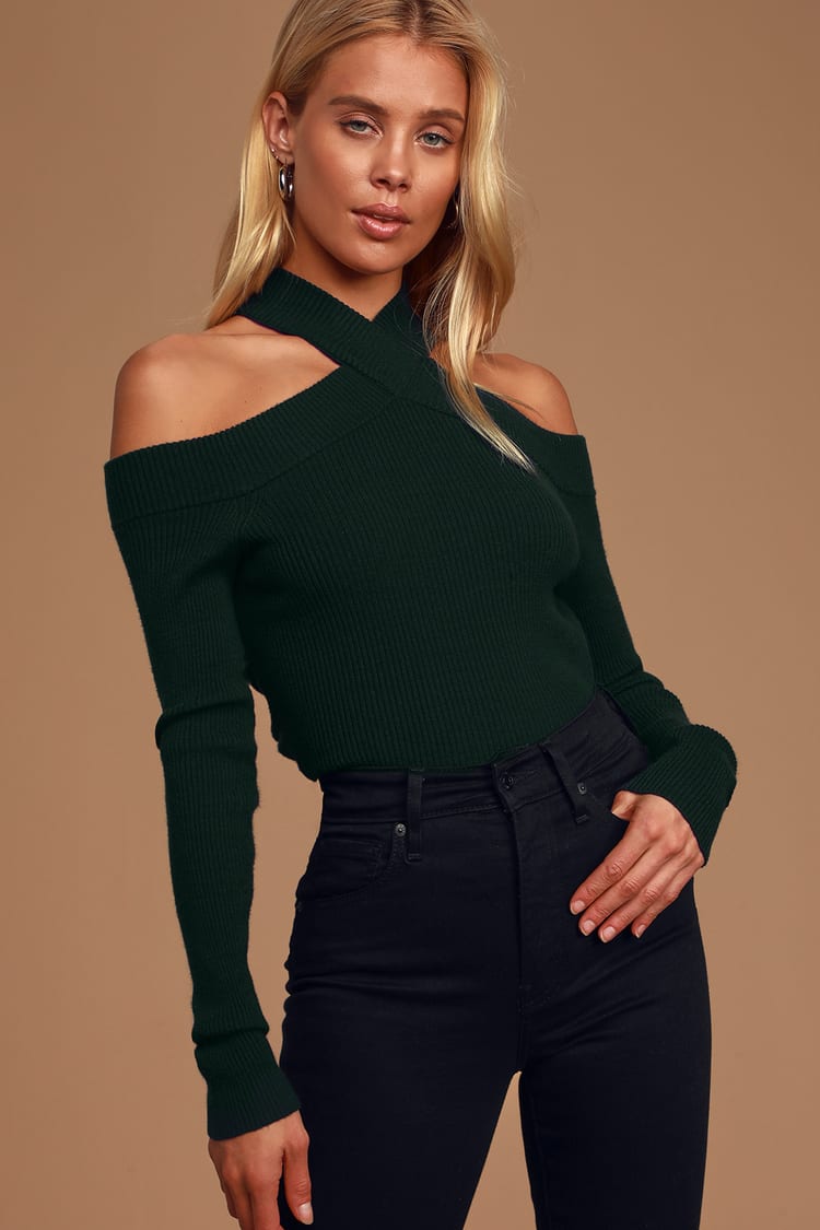 Party Mode Dark Green Ribbed Cold-Shoulder Sweater Top