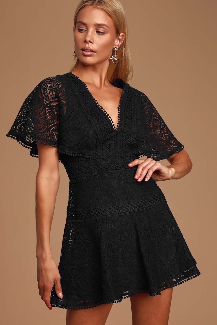 perfect evening black lace skater dress Malia Black Sweetheart-Neck Skater Mini Dress – Club L London main image 1