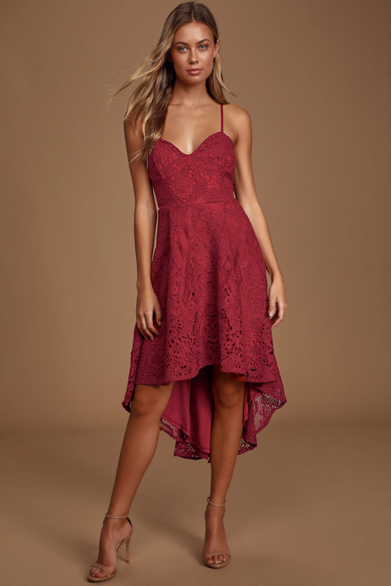 So Adored Burgundy Crochet Lace Sleeveless High-Low Dress 1