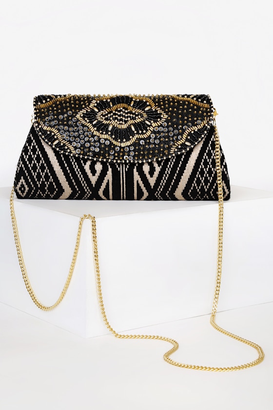Delightfully Dreamy Black and Gold Beaded Clutch 1