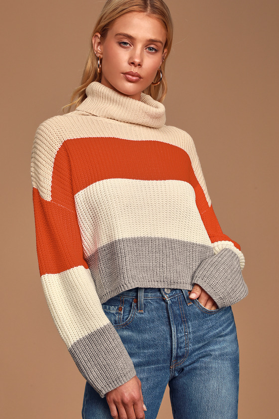 Cream Color Block Sweater - Striped Knit Sweater - Turtleneck Top - Lulus