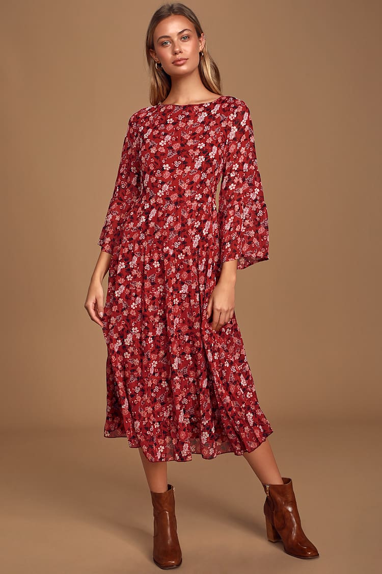 Right Time Red Multi Floral Print Tiered Long Sleeve Midi Dress