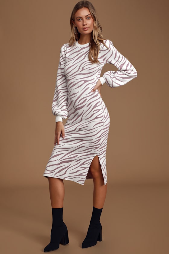 Your Wild Side White and Lavender Zebra Print Midi Sweater Dress