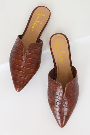 Jaelyn Brown Crocodile Embossed Pointed-Toe Slides