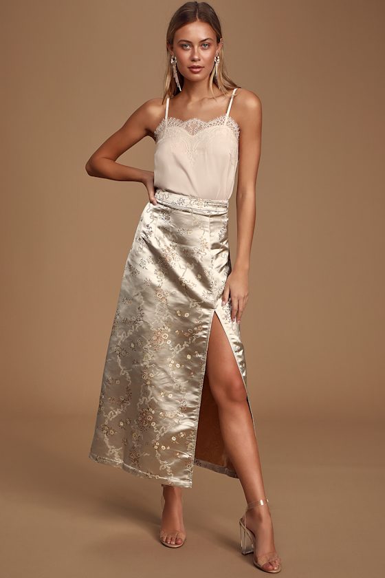 In Blossom Champagne Floral Print Satin Maxi Skirt 2