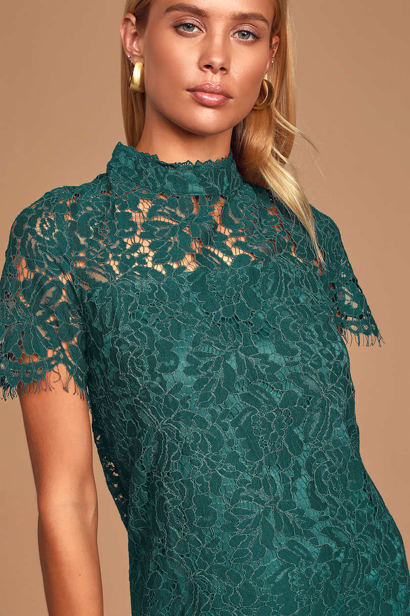 green lace shift dress Cute Forest Green Lace Dress - Shift Dress - Short Sleeve Dress