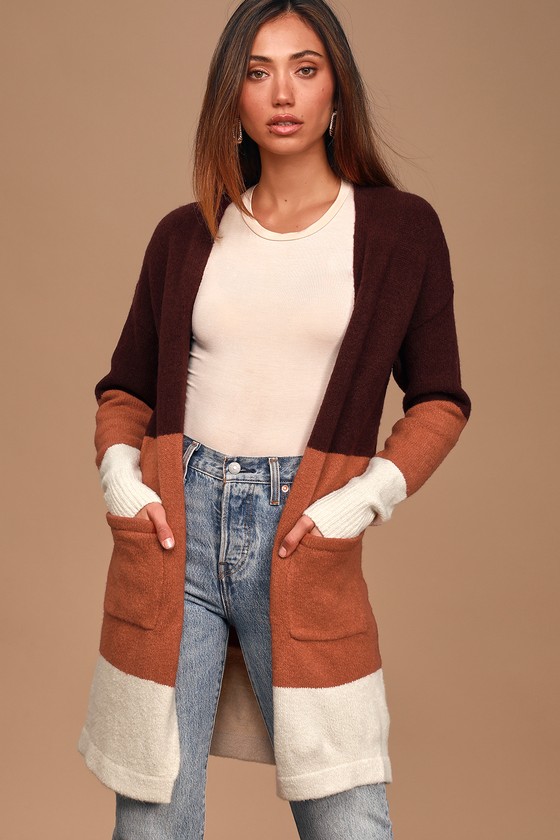 Keep It Cozy Plum Purple Multi Colorblock Knit Cardigan Sweater
